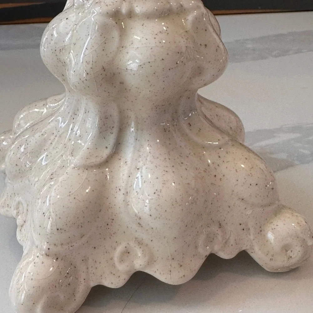 Vintage Holland Mold Ceramic Candlestick 7 In Speckled Cream Ornate Footed Taper